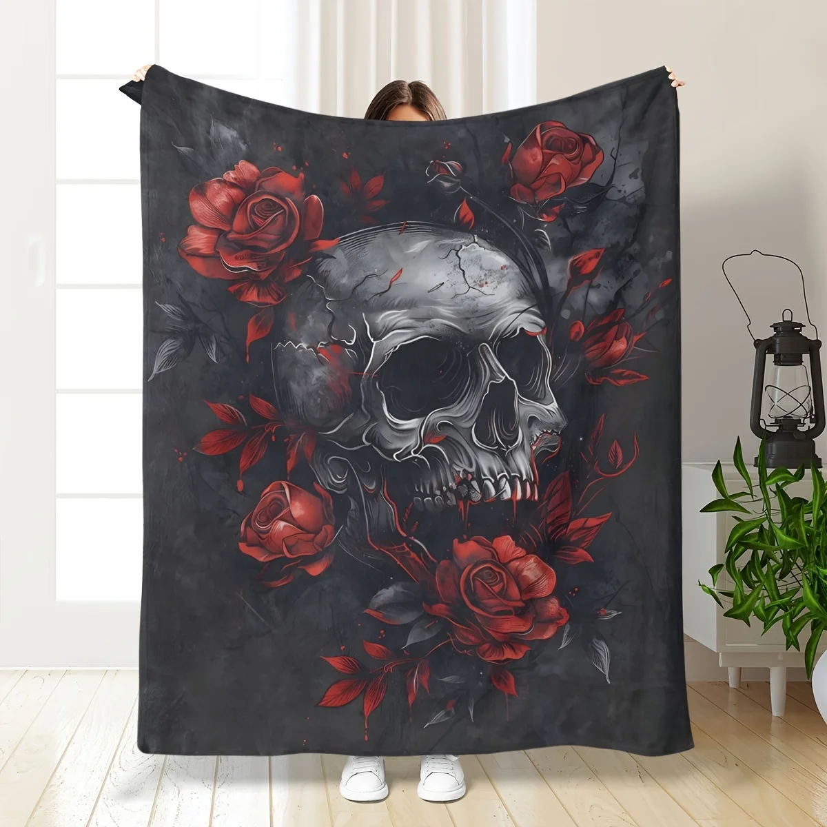1pc Skull and Red Roses Printed Flannel Fleece Throw Blanket, Soft Comfortable Multi-Use Bedspread, Office Lap Cover, Home & Cam