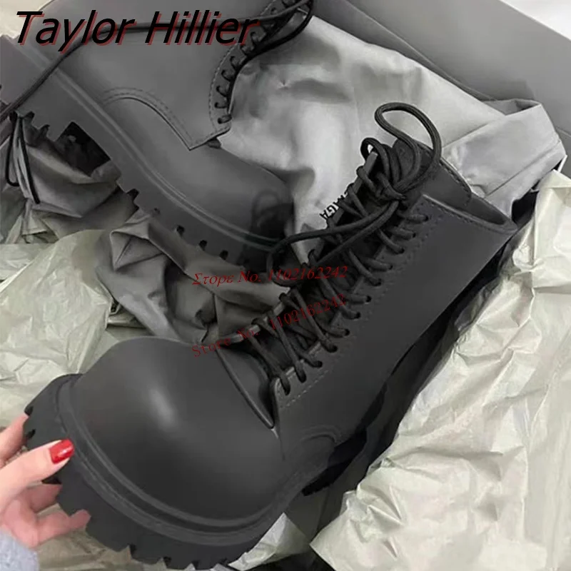 Thick-Soled Round Toe Lace-Up Ankle Boots 2023 New Spring Black Western Cowboy Boots Casual All-Match Trendy Women\'S Shoes