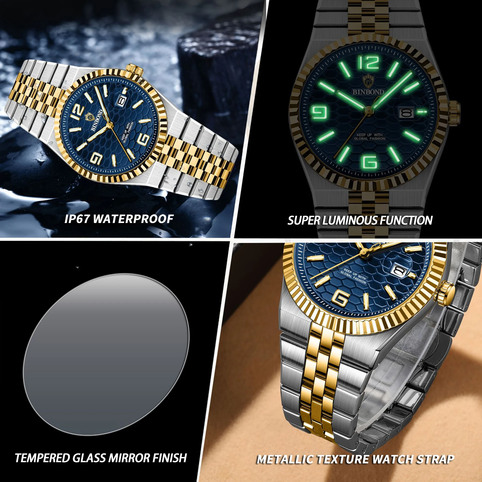Relojes de pulsera de cuarzo de marca Original BINBOND para hombre, Reloj de lujo luminoso resistente al agua con fecha automática, Reloj informal para hombre, envío gratis