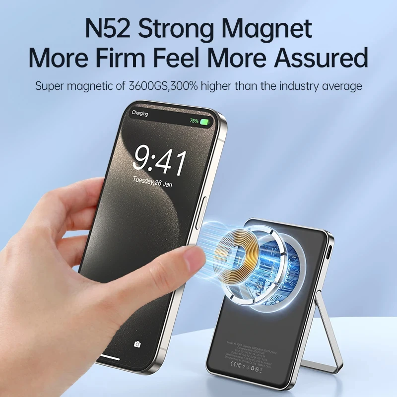 For IPhone 16 15 14 Pro Max with Holder Power Bank 5000mAh Magnetic Battery with Stand Card Bag Power Bank