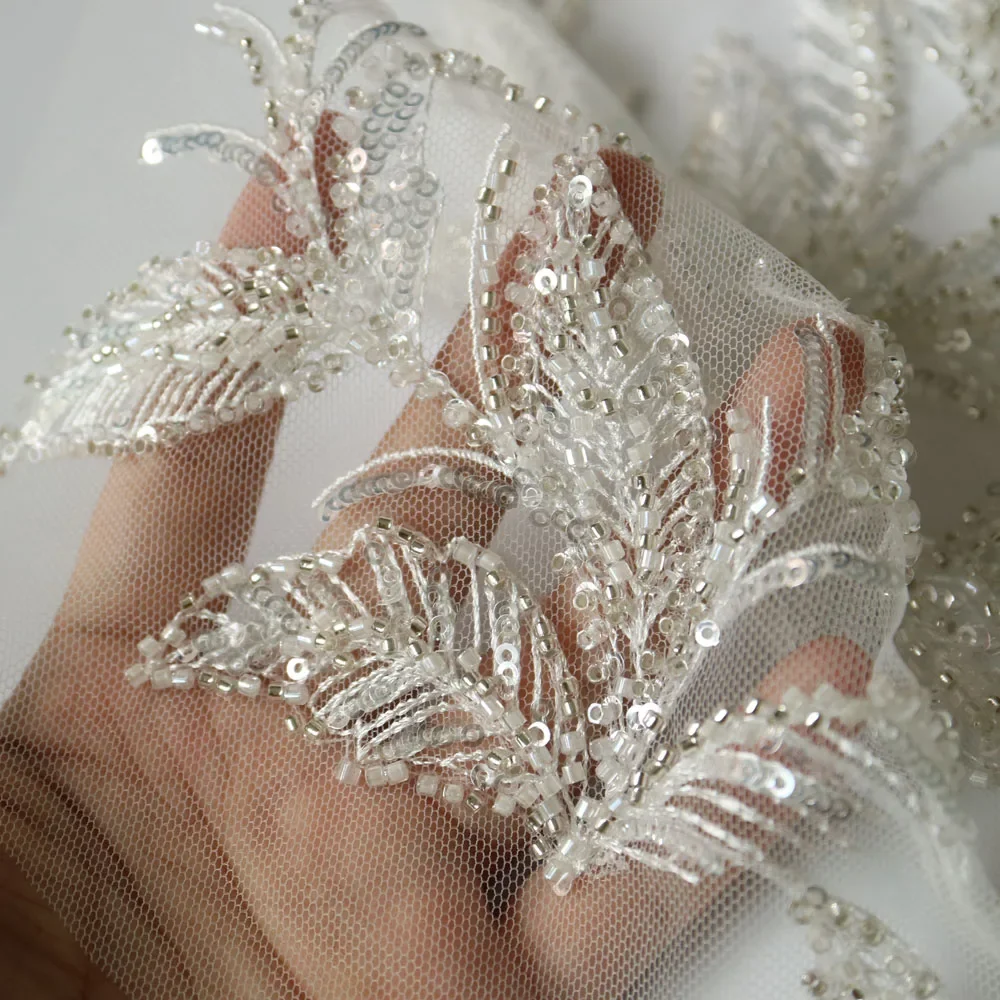 Luxury beaded sequin embroidery lace appliques for wedding dresses Rhinestone lace applique patches Embroidery lace parches ropa