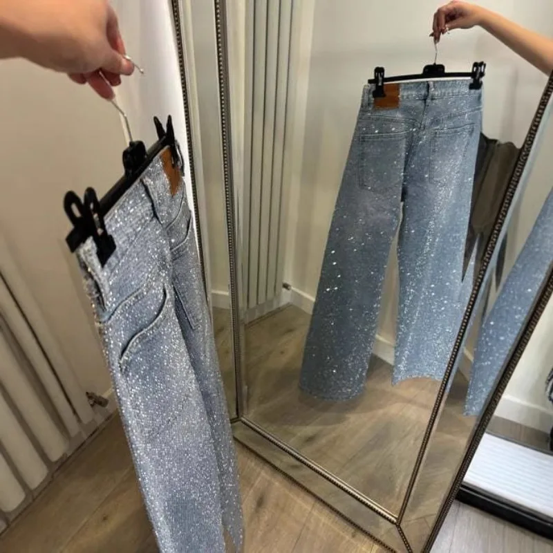 Japanese and Korean Casual Women's High Waisted Washed Denim Jeans, Loose and Slimming, Versatile and Rhinestone Hot Stamping - Image 4