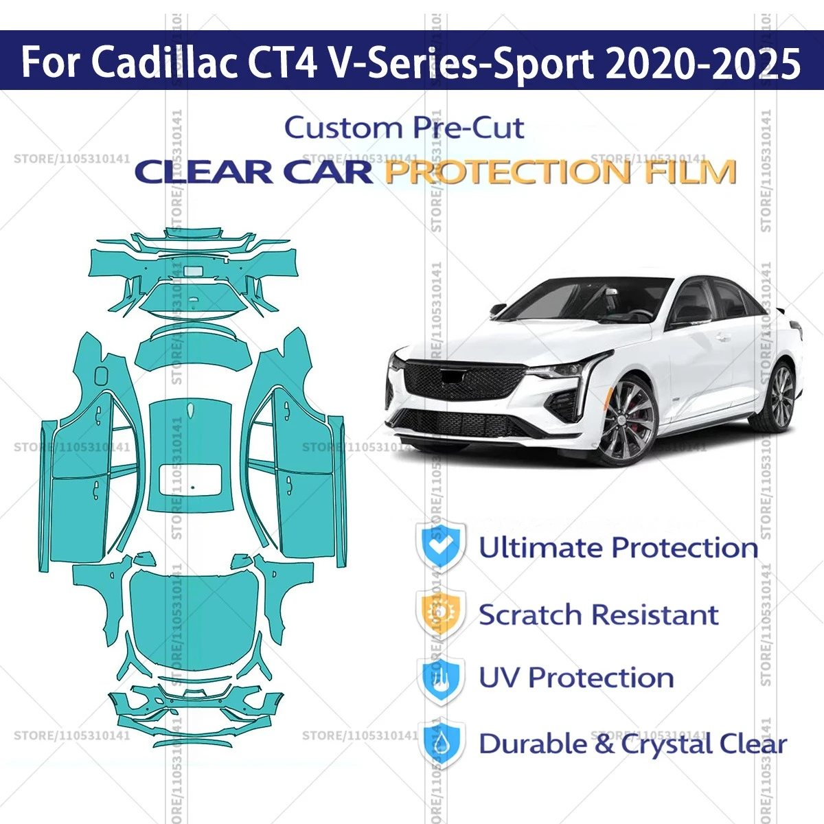 

Для Cadillac CT4 V-Series-Sport 2020-2025: Предварительно вырезанная прозрачная защитная пленка (PPF) для автомобиля, полный комплект для всего кузова