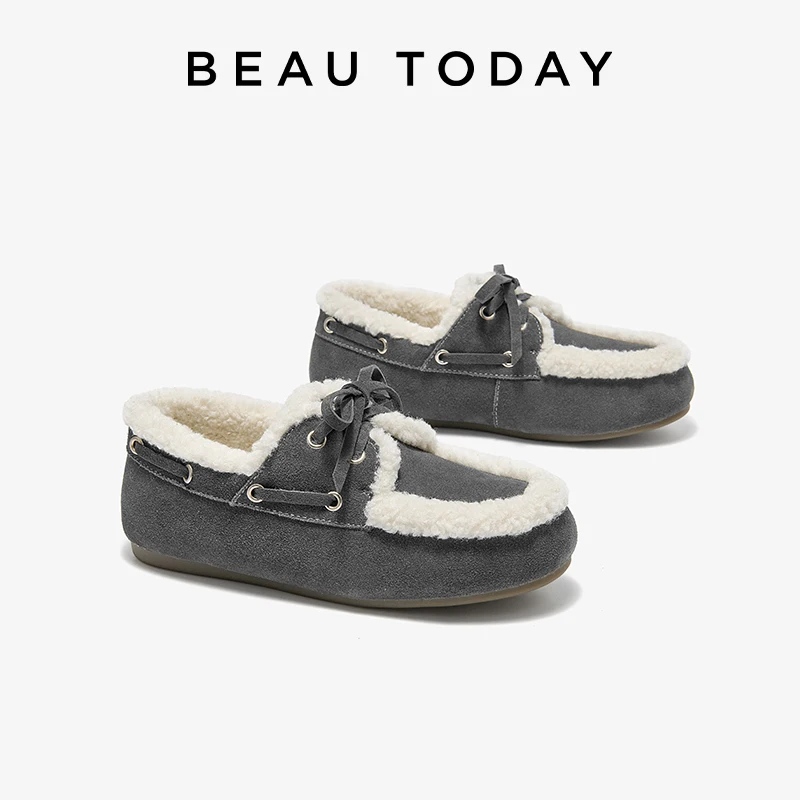 BEAUTODAY Furry Loafers Women Cow Suede Leather Mixed Color Round Toe Outdoor Lace-Up Flats Ladies Winter Shoes Handmade 27860