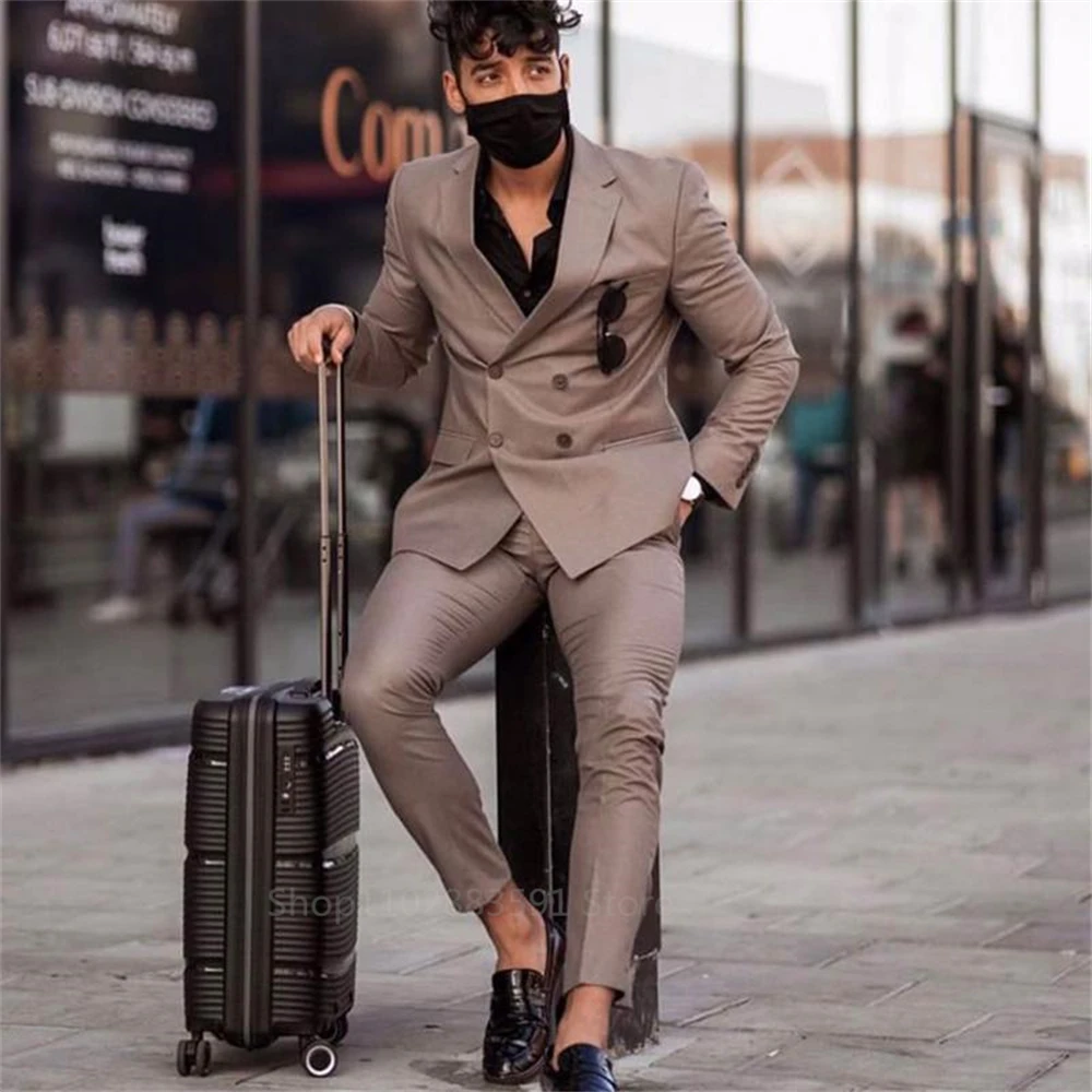 Casual Brown Double Breasted Men Suits Costume Homme Slim Fit Tuxedo Wedding Groom Terno Masculino Blazer 2 Pieces(Jacket+pants)