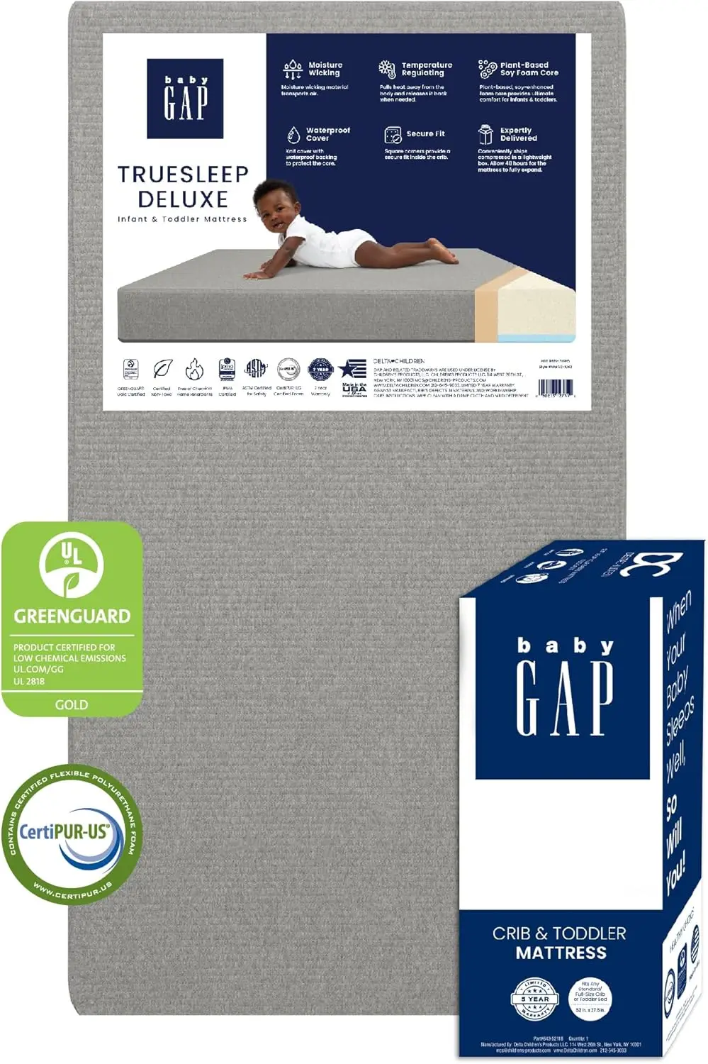 TrueSleep 2-Stage Deluxe Crib and Toddler Mattress - Waterproof - GREENGUARD Gold Certified – Temperature Regulating – Moisture