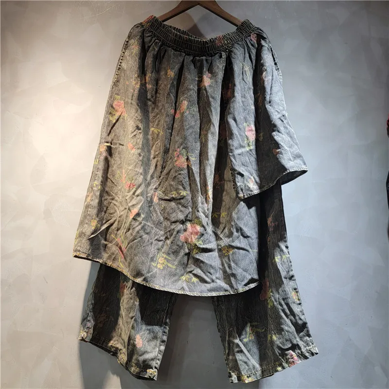 WTHT Vintage Fashion Women Suits Print Design Spliced Denim Short Sleeves Tops Loose Harem Jeans Set Female 2025 Summer 1LS1756