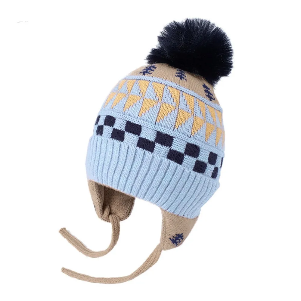 

Lovely Jacquard Baby Knitted Hat Hairball Warm Children Beanies Cap Thicken Soft Kids Earmuffs Cap Girls