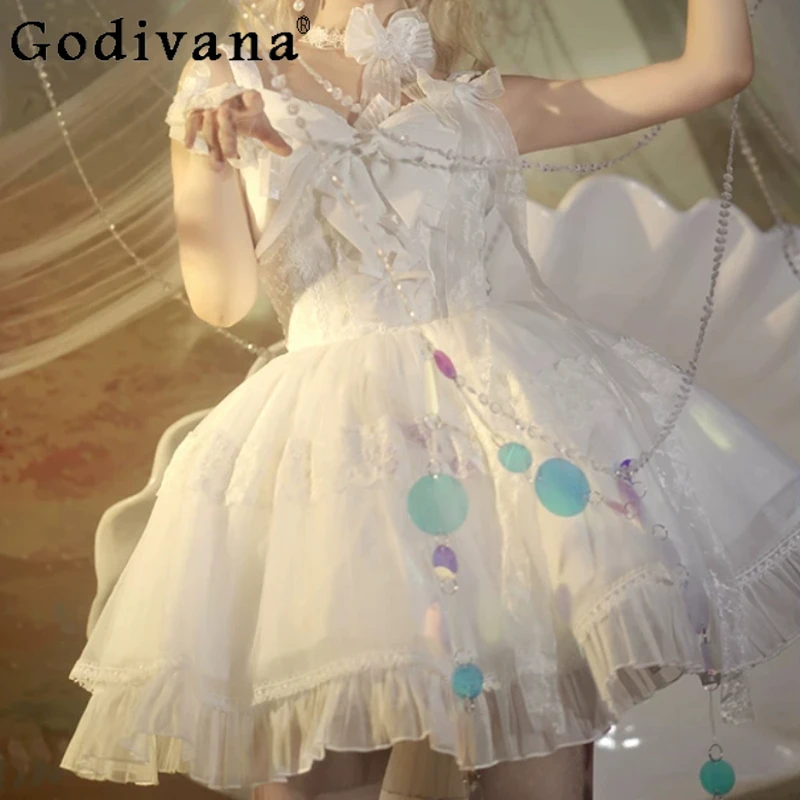 

Elegant Lolita White High Waist A-line Elegant Slash Neck Suspender Dress Fashion Versatile Age-reducing Bow Princess Dresses