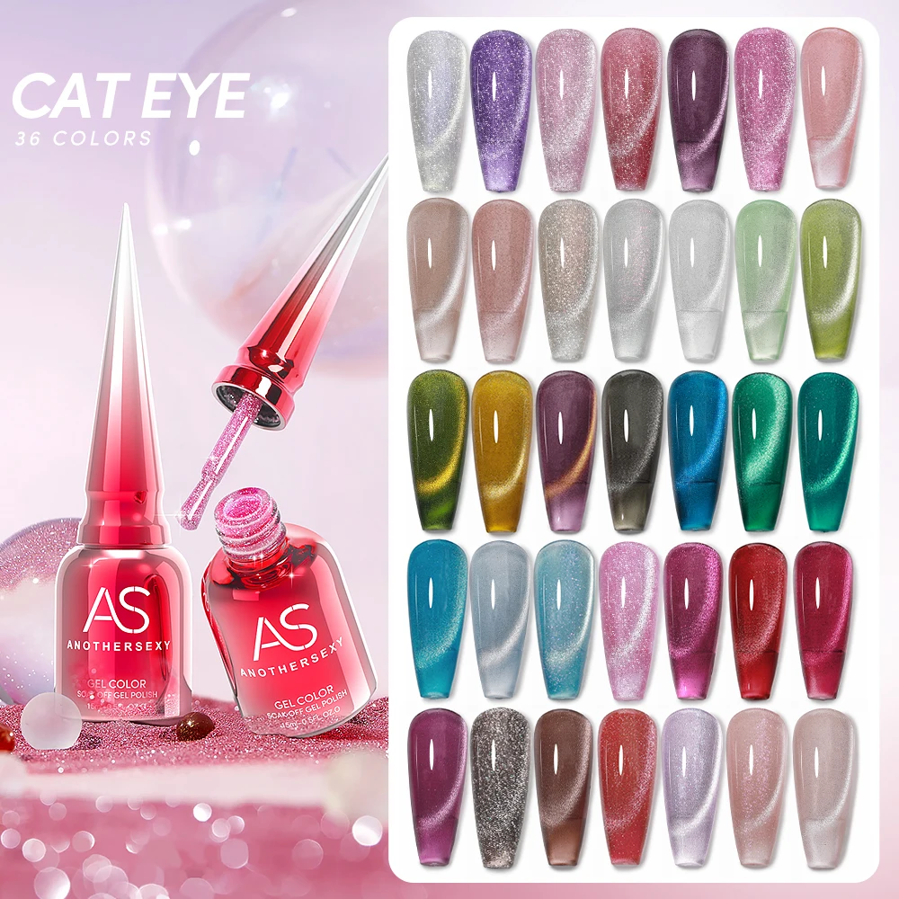 AS 15 ml Katzen-Magnet-Gel-Nagellack, Katzenauge, Glitzer-Effekt, semi-permanent, 36 Farben, Soak Off UV-Gel-Lack, Maniküre-Nagelkunst