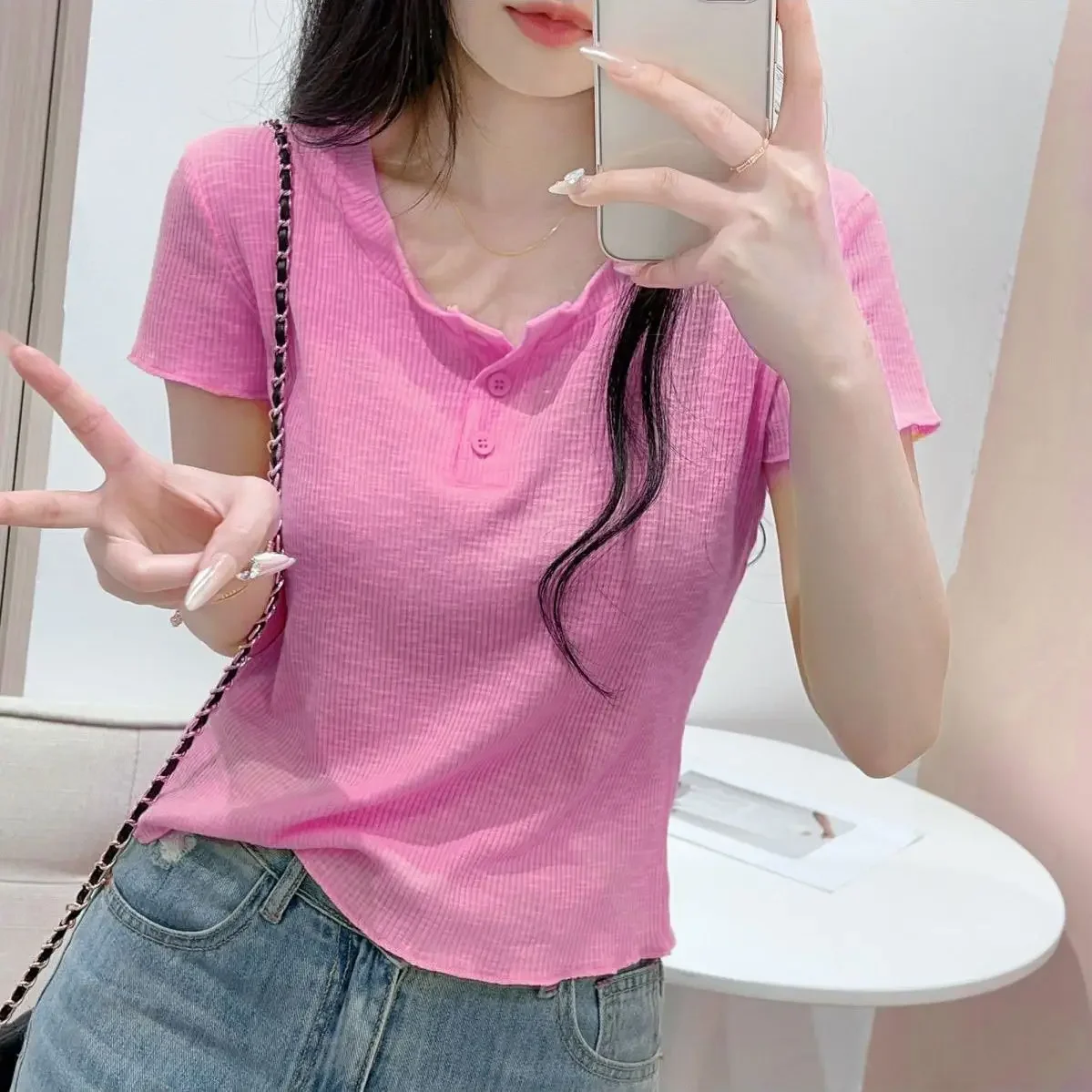 2024 Summer Women's New Style Tops, Fashionable and Chic Half-Open Neck Short Sleeve T-Shirt Solid Color Slim Fit Pullovers