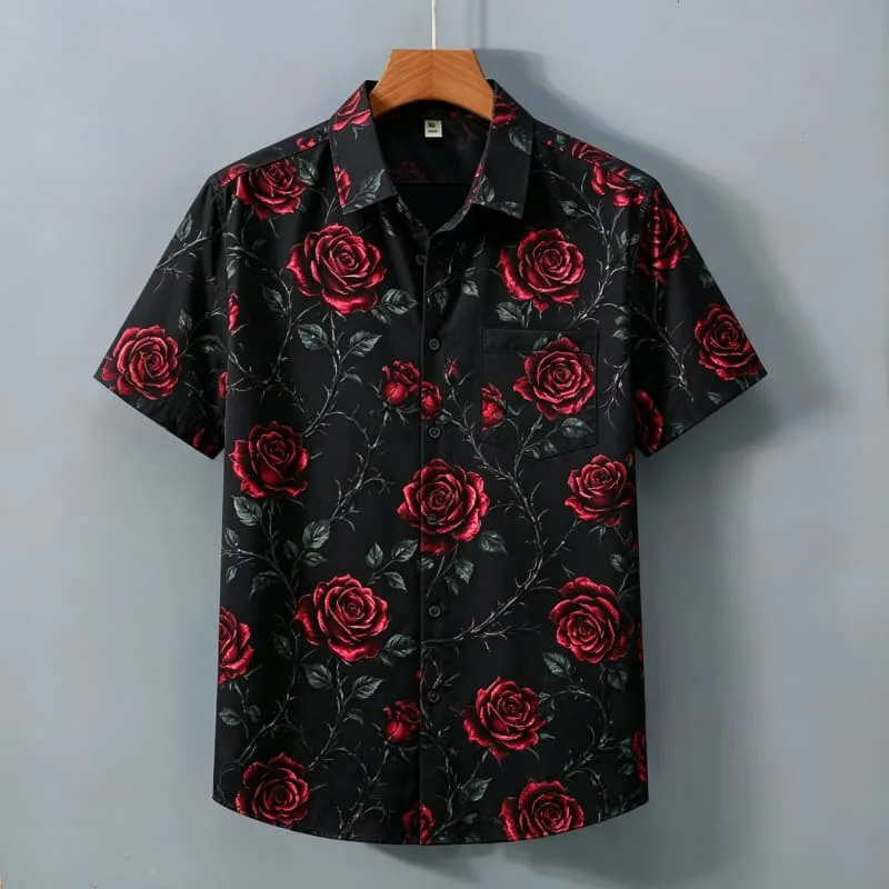 

Men's Retro Floral Printed Short Sleeved Shirt With pockets, Elegant Retro style, For commuting, Light vacations, Dates