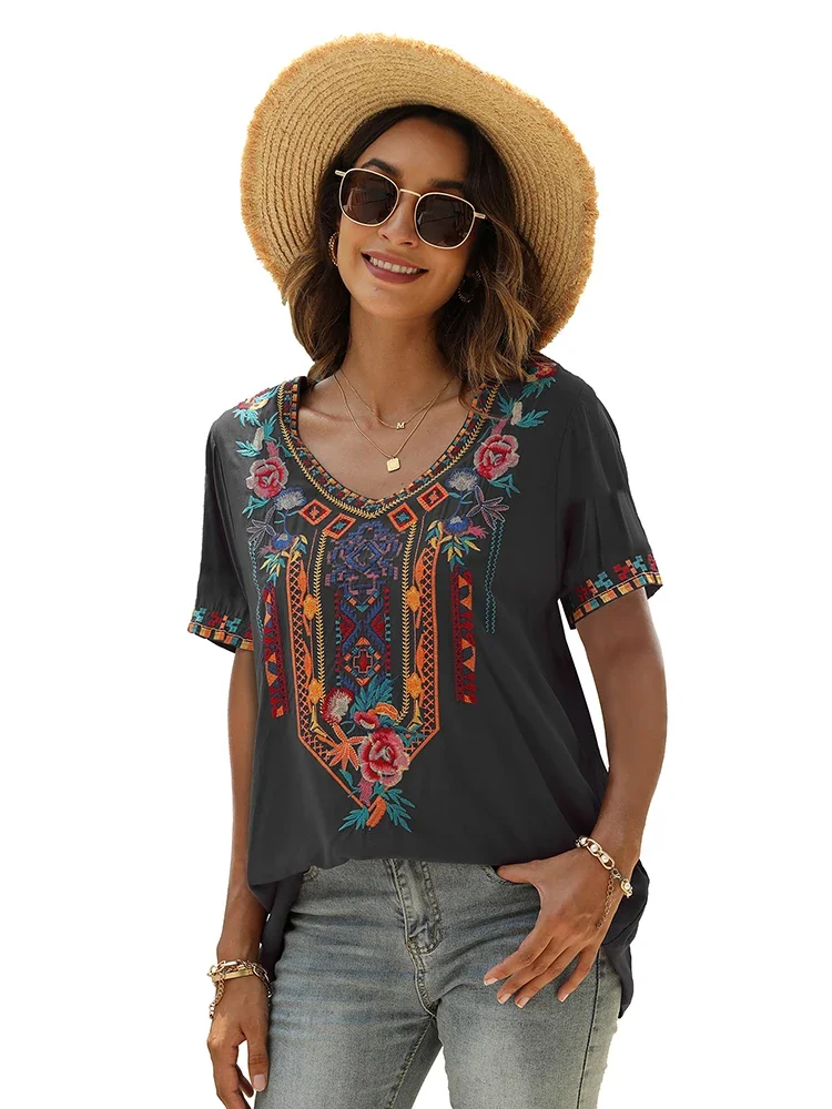 Khalee yose zwart gebloemd borduurwerk blouse tops boho vintage chique v-hals vrouwen shirt 23xl losse hippie dames vakantie shirt tops