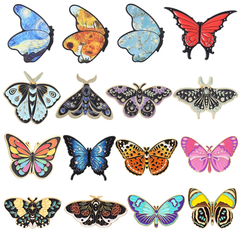 Cartoon Traumhafte Schmetterling Emaille-Pins Mystische Mondphasen Van Gogh Motten Natur Wilde Insekten Broschen Anstecknadeln Schmuck Geschenke