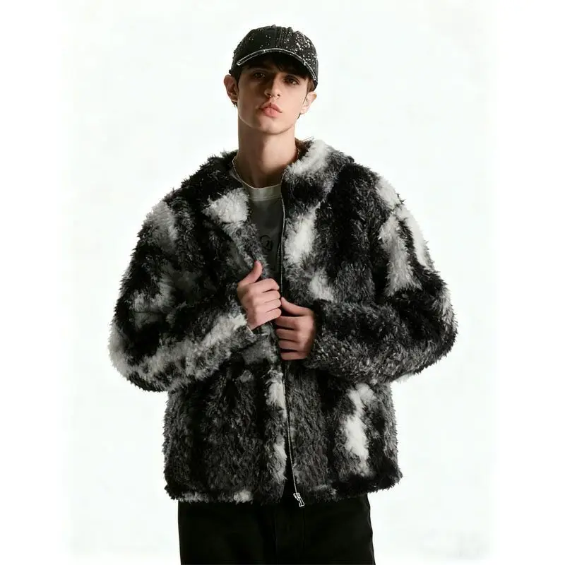 

Men's Winter Hooded Black & White Tie-Dye Faux Fur Jacket Chic Warm Thickened Plush Coat Parkas Stylish Casual Outerwear