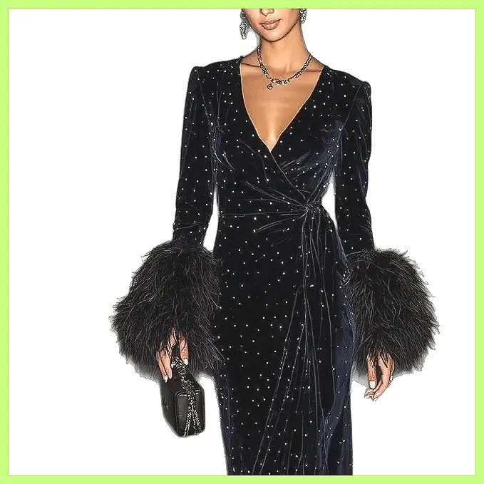 Elegante Abito da Ballo Retrò in Velluto con Polsini in Piume, Vestito da Sera Aderente con Scollo a V, Maniche Lunghe e Spacco, Abito da Festa