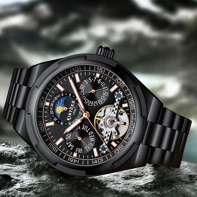 KINYUED 高級ブランドメンズ機械式時計ステンレス鋼防水ウィークデイトムーンフェイズ自動トゥールビヨン腕時計メンズ