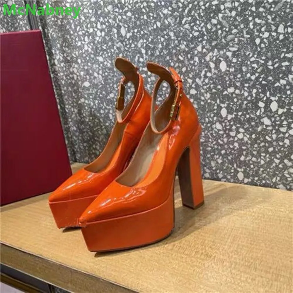 Platform Square Heel Pointed Toe Pumps For Female Women Ankle Buckle Design Solid Shallow Luxury Designer Fashion Elegant Shoes