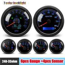 Black 85mm GPS Speedometer 80MPH Waterproof 6 Gauge Kit Fit Car Boat Marine Gasolines Vehicle Tachometer Water Temp Fuel Gauges