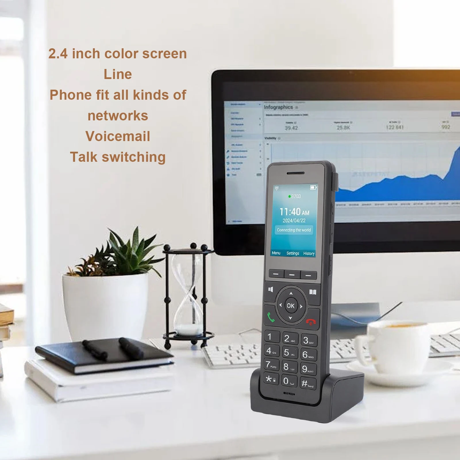 4G LTE Cordless Phone Portable Wifi 2.4in Color Screen Desktop Phone for Dect VoIP Black Network Family Phone