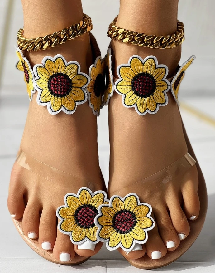 

Bohemia Sandals Women 2025 Fashion Star Sunflower Floral Pattern Toe Post Sandals for Women