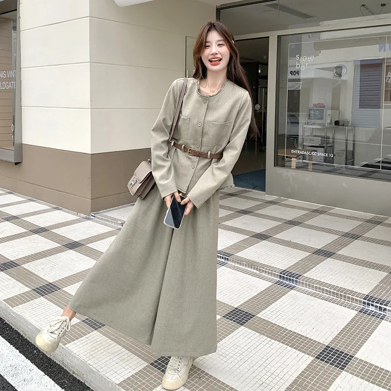 EAEOVNI Women Two Piece Set Fashion O Neck Button Belt Gathered Waist Jacket + Wide Leg Trousers 2025 New Clothing 1A1153