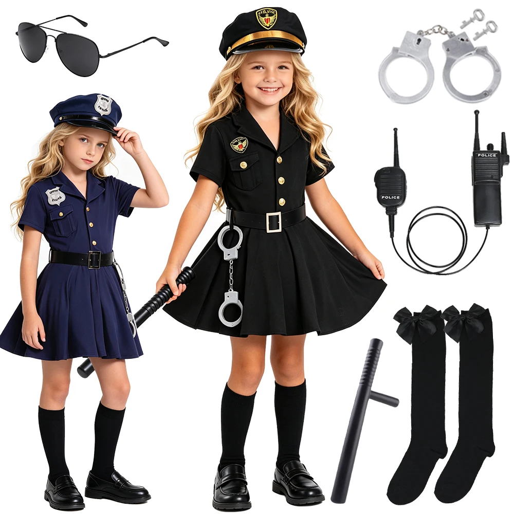 Girls Police Officer Costume Dress for Halloween Carnival Party Role Play Toddler Girls Cop Uniform Navy Blue Black Fancy Dress