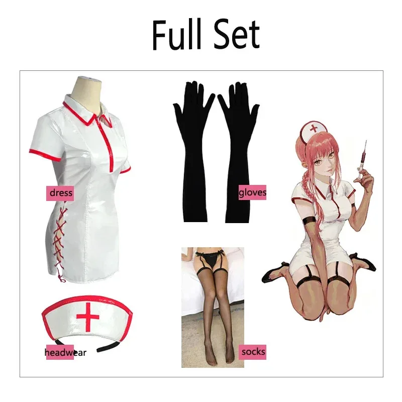 أزياء أنيمي باور ماكيما التأثيرية للممرضات، فستان من جلد البولي يوريثان مع ملحقات للنساء والفتيات، بدلة الهالوين؛ 4 ب #4