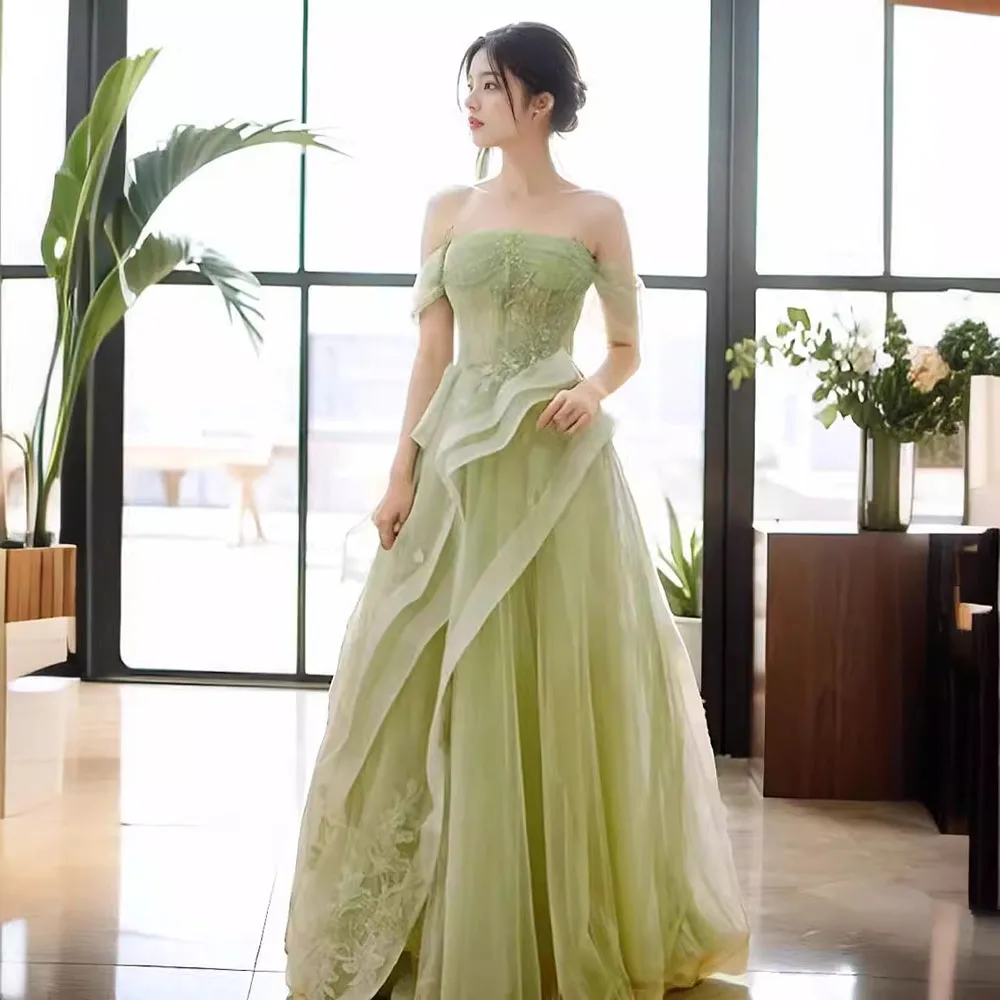 Elegant Light Green Evening Dress Light Luxury Women Off The Shoulder Layered Pleated Prom Gown Appliques Floor Length Vestido