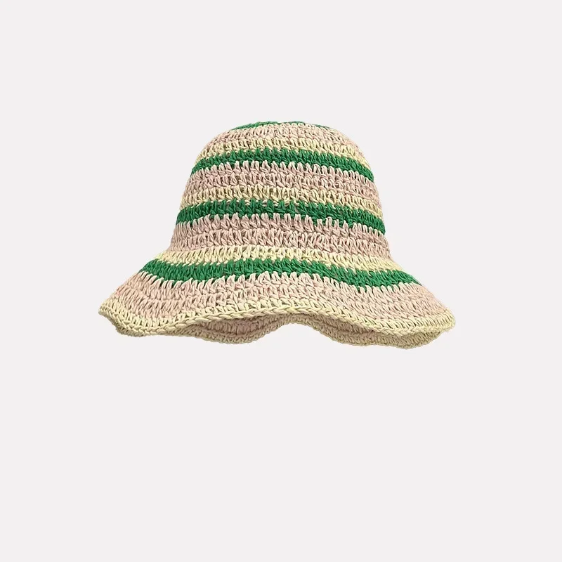 Korean Handmade Crochet Striped Bucket Hat Women Retro Contrast Color Warm Fisherman Hat Girl Fashion Knitted Sweet Cute Hat