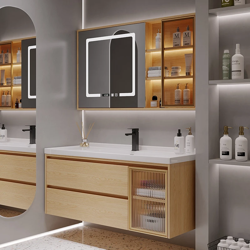 

Modern Bathroom Vanity Set with Sink LED Mirror and Drawers Wall Mounted Waterproof Cabinet
