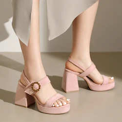 Black Beige Pink Elegant Crystal Buckle Womens Gladiator Sandals New Summer Open Toe Solid Flock Platform High Heels Party Shoes