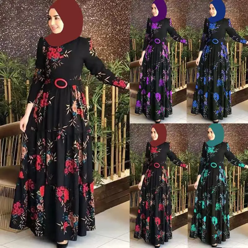 Middle East Muslim Vintage Print Women Dresses Turkey Dubai New O-Neck Ladies Robe Islam Arab Casual Loose Female Caftans