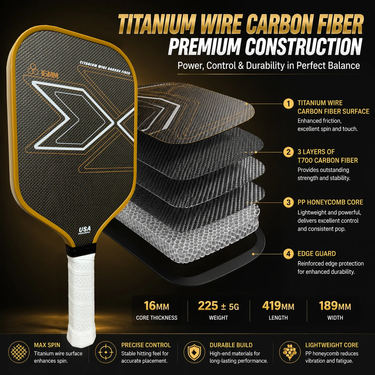 Titanium Gold T700 Carbonfaser-Pickleball-Schläger mit Stofftextur, Matter Oberfläche, Hoher Reibung, Großem Sweet Spot und Kraftvollem Schlag – Detail 3