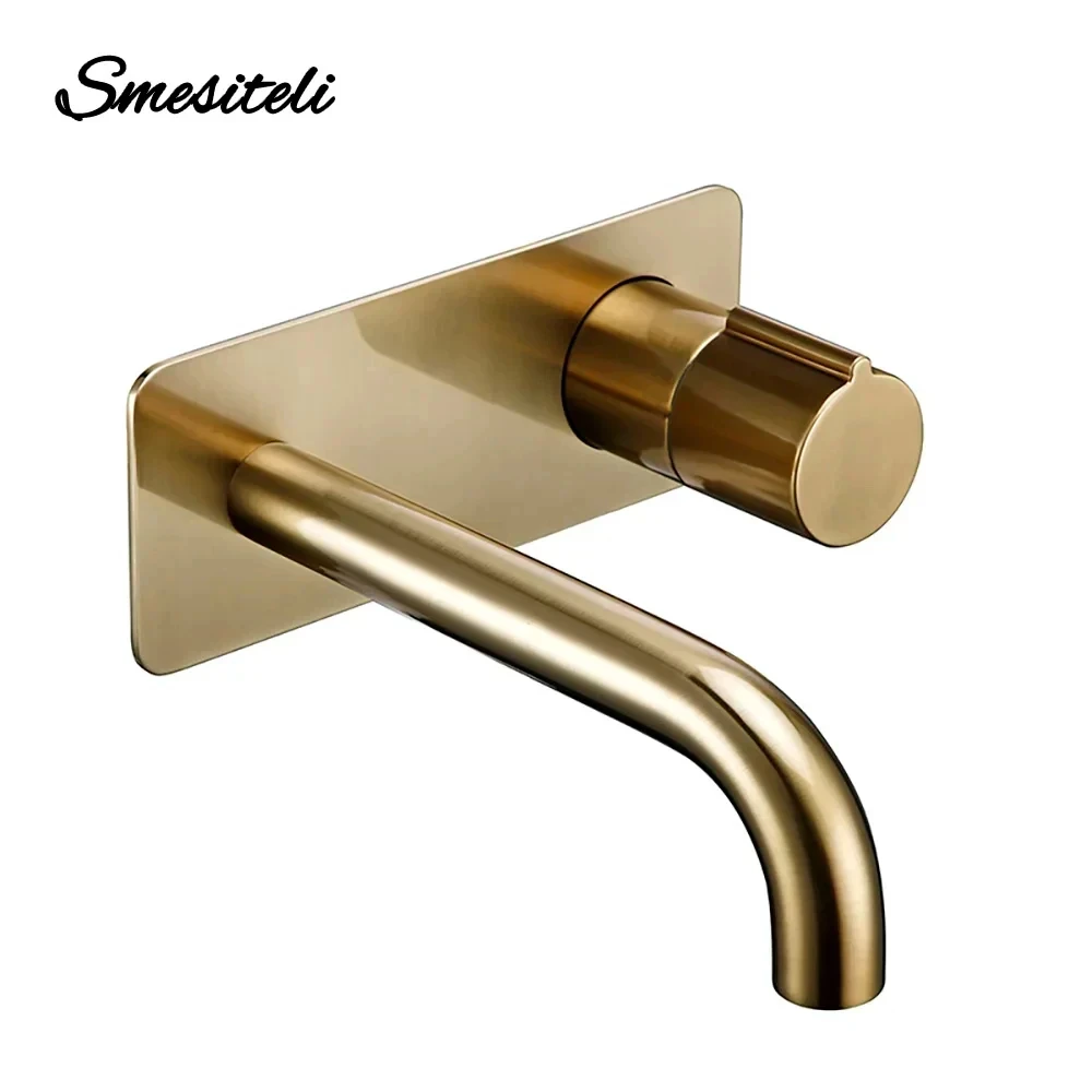 Smesiteli-torneira da Pia da Vaidade do Banheiro com Placa de Cobertura Torneira Misturadora Quente e Fria de Parede Torneiras Douradas com Botão