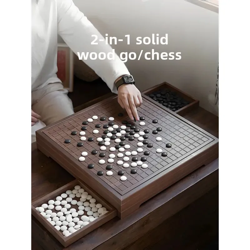 Children Multi-functional Two-in-one Solid Wood Go Gobang Chinese Chess Set for Primary School Students and Adults