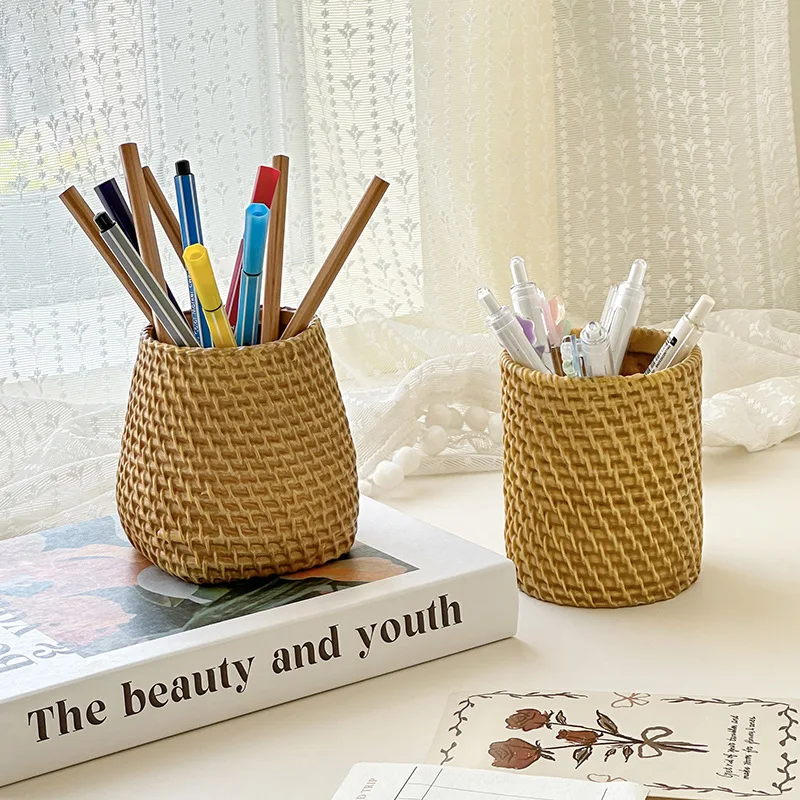 سلة مستديرة منسوجة متعددة الاستخدامات - للأقلام والزهور والتخزين