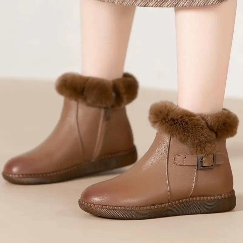 Ladies Shoes Elegant with Low Heels Suede Women's Snow Boots Brown Leather Designer Luxury Plush Demi-season on Slip Gothic Lamb