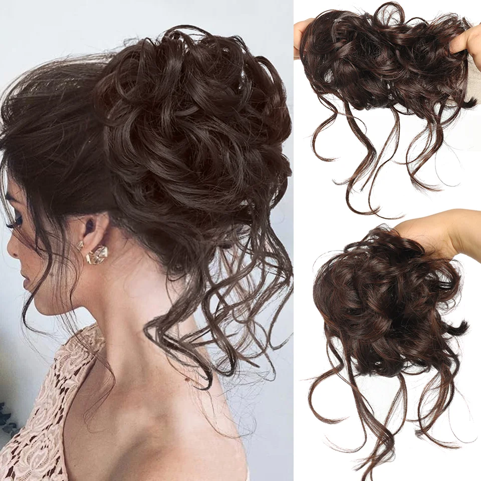 Synthetic Messy Bun Hair Piece Curly Hair Bun Extensions With Straight Tails Hair Scrunchies Ponytail Hairpieces For Women