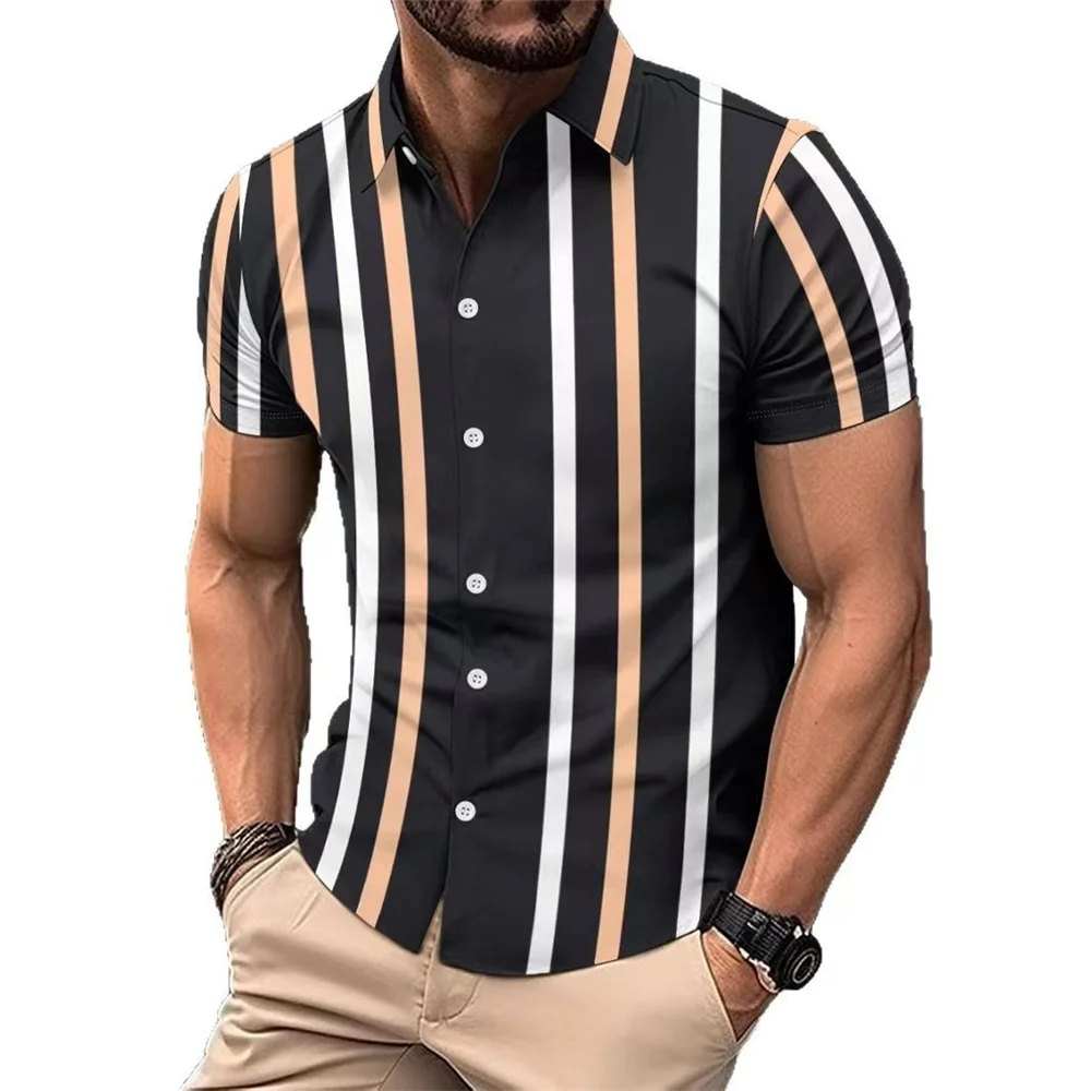 Striped Men's Business Casual 3D Printed Shirt Outdoor Street Summer Lapel Short Sleeve XS-5XL Stretch Fabric Shirt 2025