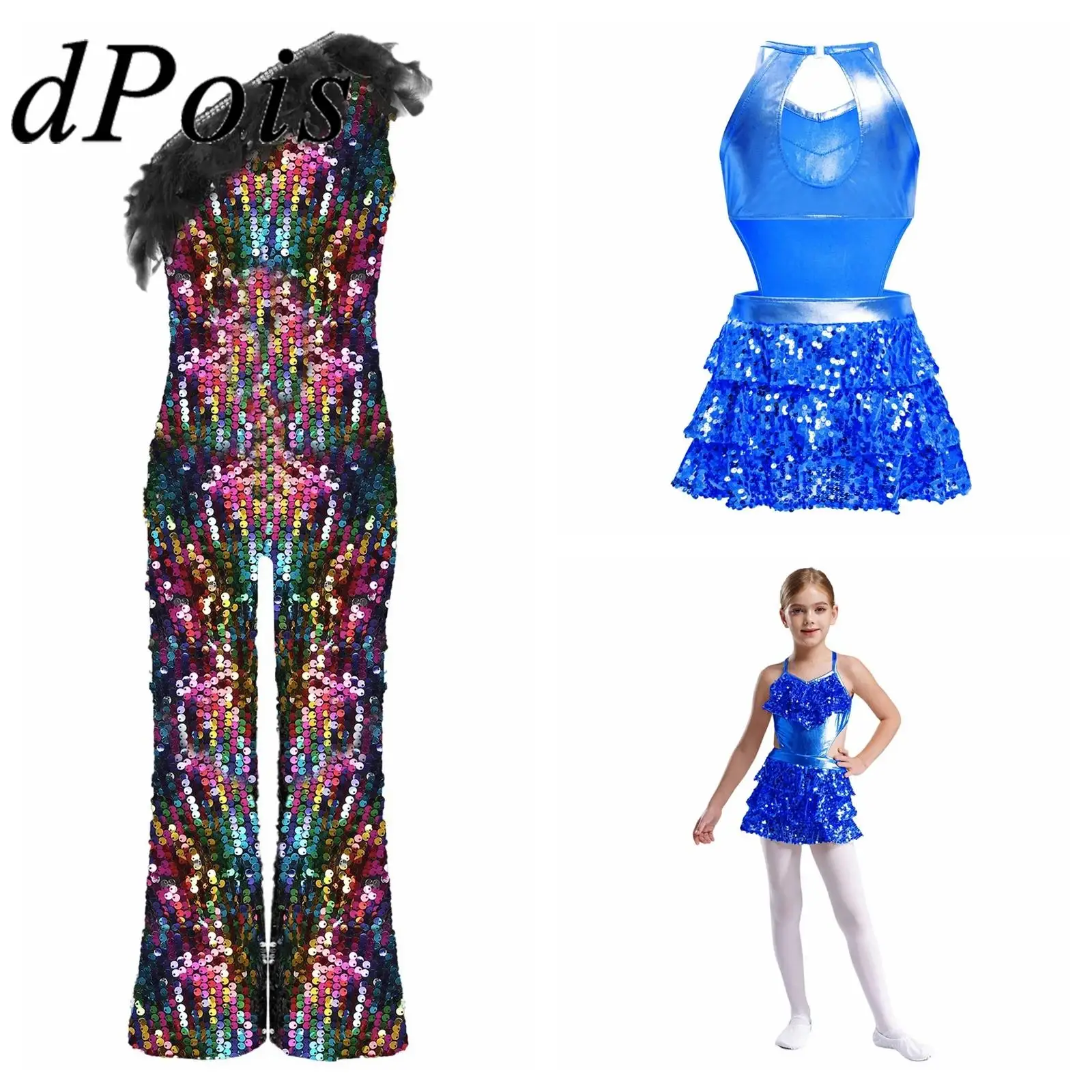 

Kids Girls Sequins Latin Dance Performance Costume Jumpsuit Unitard Metallic Dress Cheerleading Dancewer Jazz Dance Stage Wear