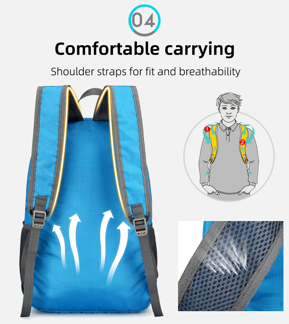 23l packbarer Rucksack faltbare ultraleichte Outdoor-Reisetasche großer zusammen klappbarer Rucksack Wander reise rucksack Bergsteiger-Tages rucksack Geringes Gewicht hohe Kapazität Wasserabweisendes Gewebe Top Punc – Detail 7