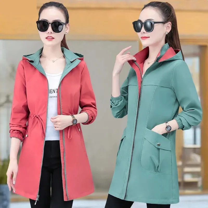 Double-Sided Trench Coat Women 2024 New Spring Autumn Clothes Hooded Mid Long Windbreaker Female Outerwear Gabardina Mujer M-5XL