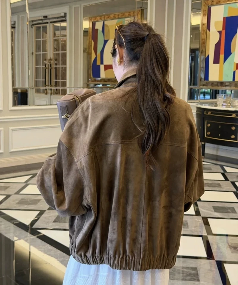 Women Genuine Suede Leather Bomber Jacket Brown Retro British Style With Beaded Trim Loose Luxury Outerwear For Daily Casual