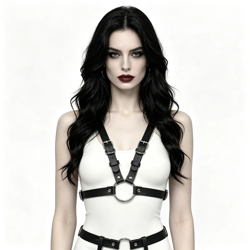 Women's Black Leather Body Harness Top, Adjustable Straps, O-Ring Detail, Gothic Punk Style, Party Clubwear