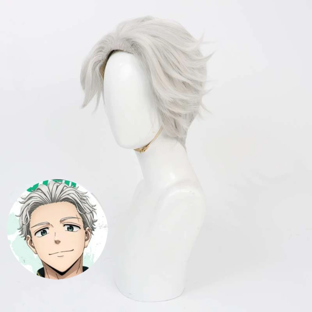 Umemiya Hajime Cosplay Wig Silver Grey Slicked Back Hair with Rose Net Heat Resistant Synthetic Fiber Wig Halloween Anime Wig