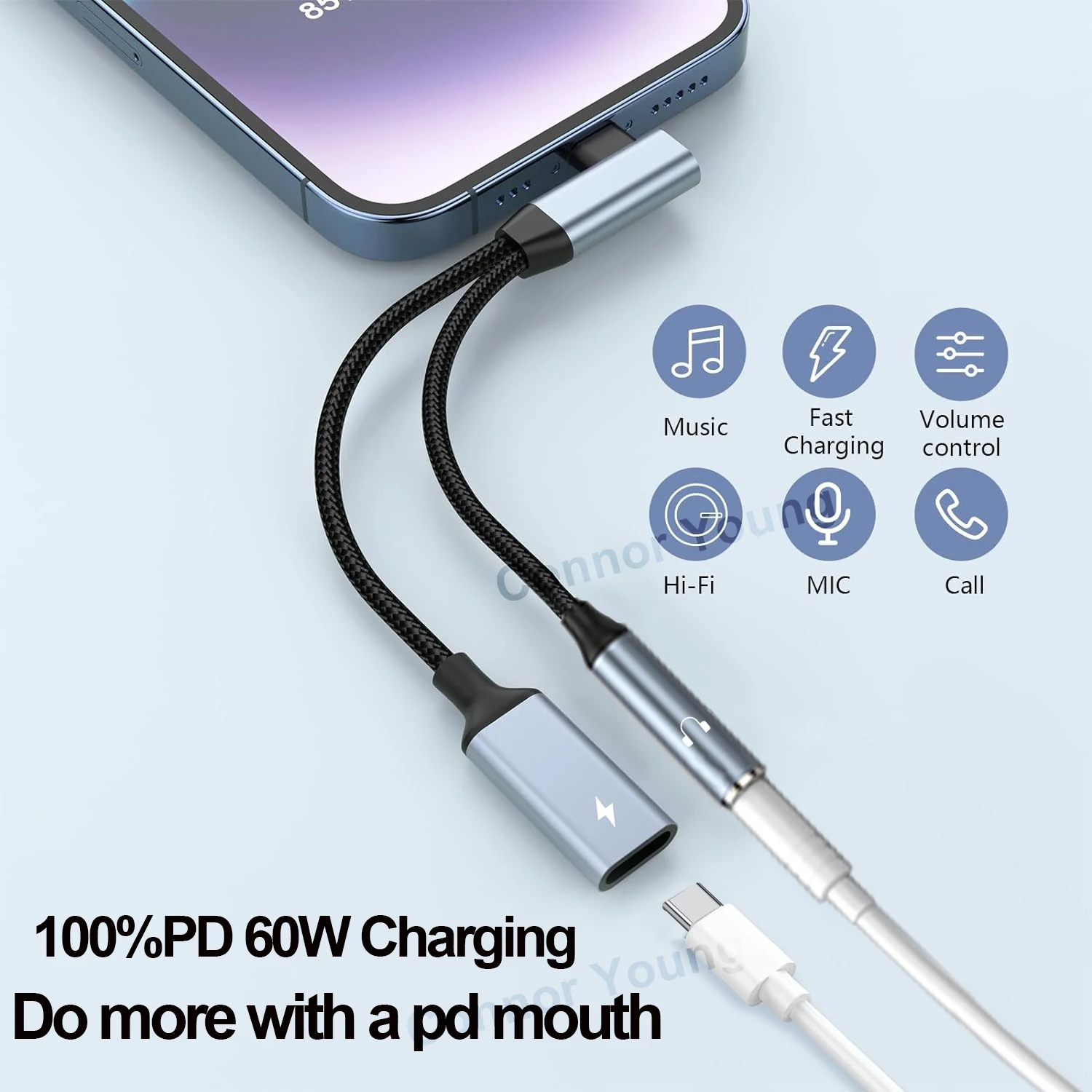 OTG 2 IN 1 Elbow Type USB C to 3.5mm Jack AUX Audio Headphone Adapter Fast Charger 60W for Samsung iPhone15 Huawei Xiaomi Tablet