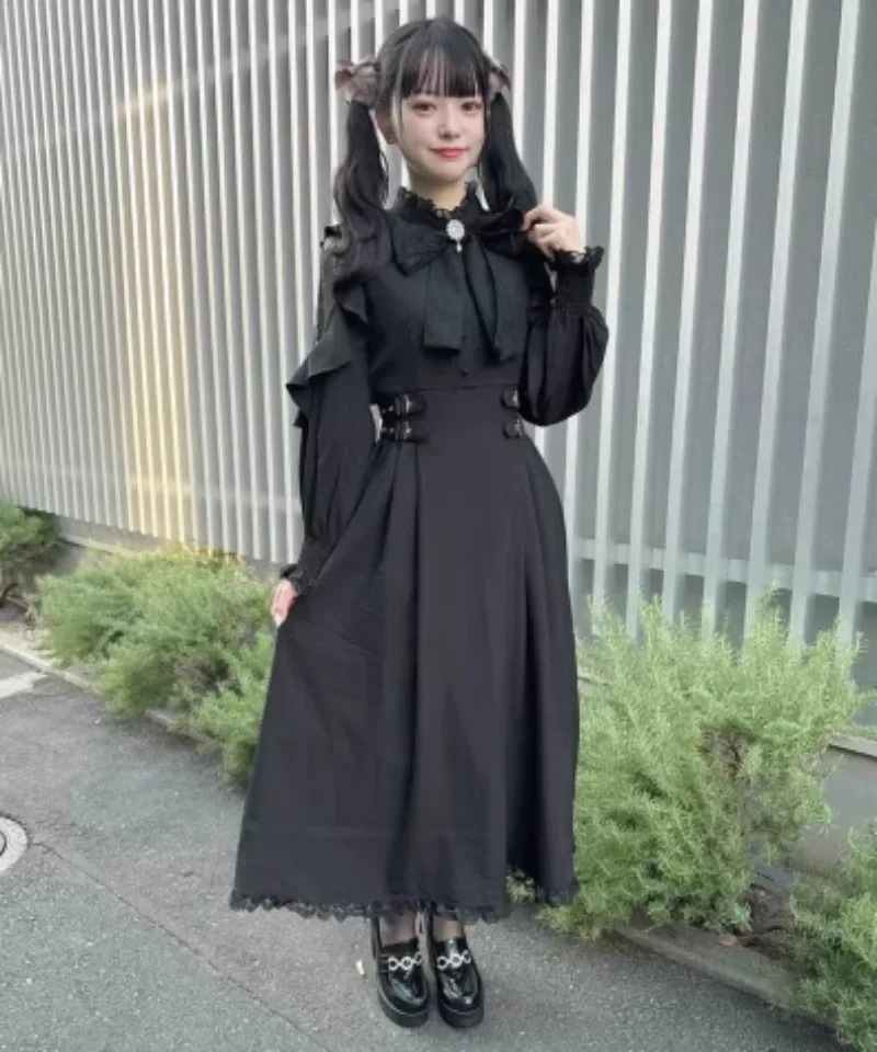 Japanese Rojita Mine Style Shoulder-Baring Slimming Waist-Controlled Long Sleeves Stand Collar Dress Large Swing Vestidos Female