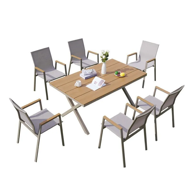 

Outdoor table and chair courtyard rest rattan outdoor garden terrace waterproof plastic wood table aluminum alloy combination