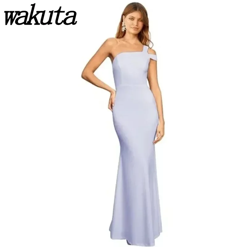 Wakuta Elegant One Shoulder Sleeveless Satin Ball Robe Homecoming Dresses Formal Party Evening Vestidos De Tricô Femenino Ladies